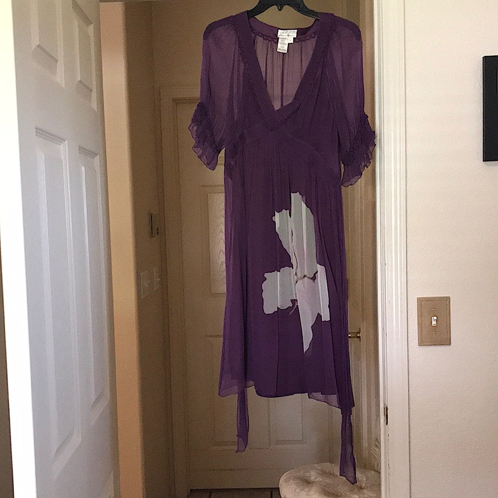 M.L.L.P.  brand sheer purple dress, with attached 100% silk slip/shell. Size L